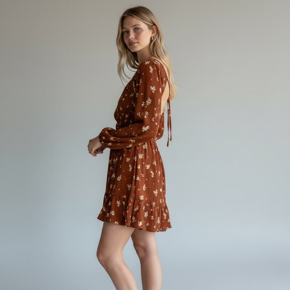 Altar'd State Long Sleeve Metallic Peasant Dress NWT Women's Sz L Rust Floral